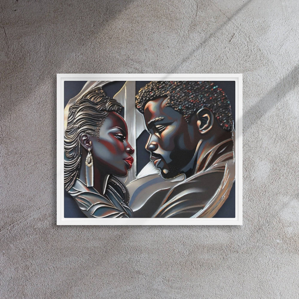Rich and Rich Couple framed canvas wall art with pine tree frame hanging on white wall