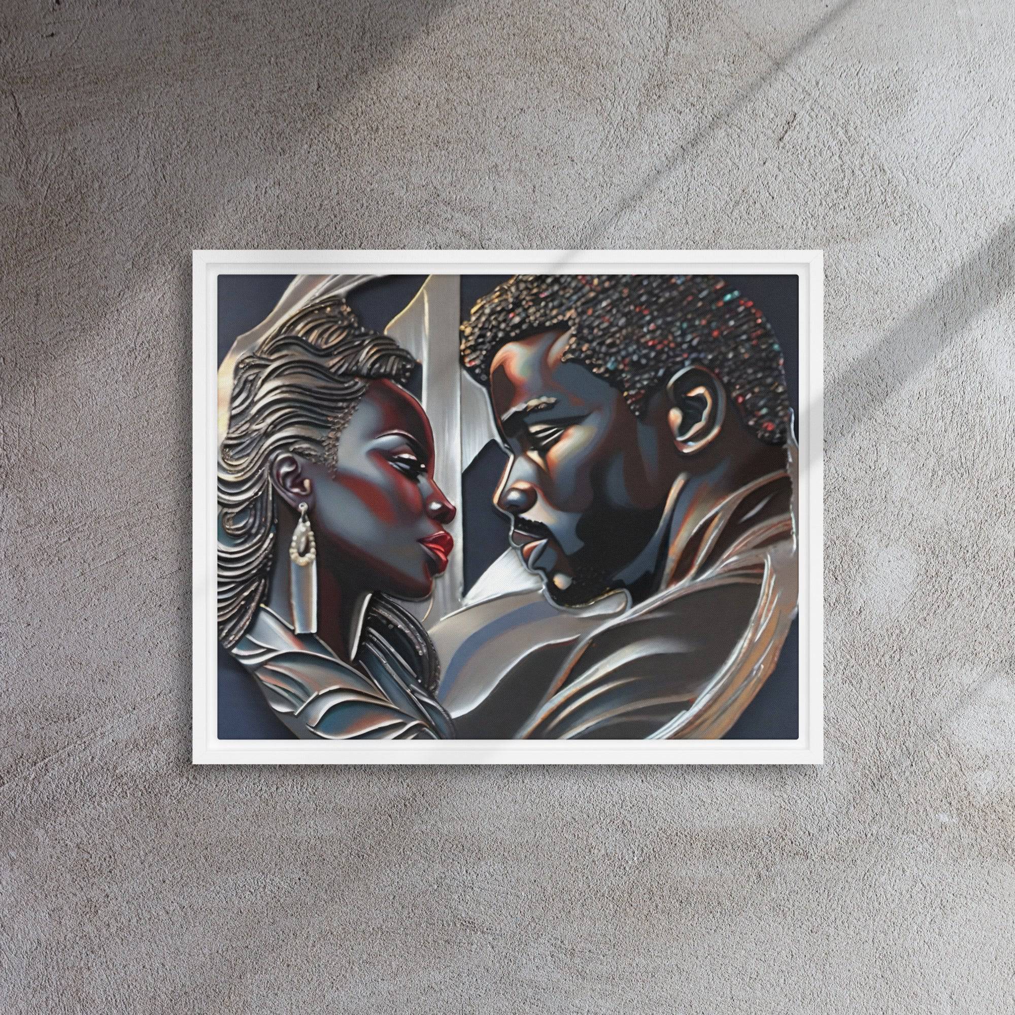 Rich and Rich Couple framed canvas wall art with pine tree frame hanging on white wall