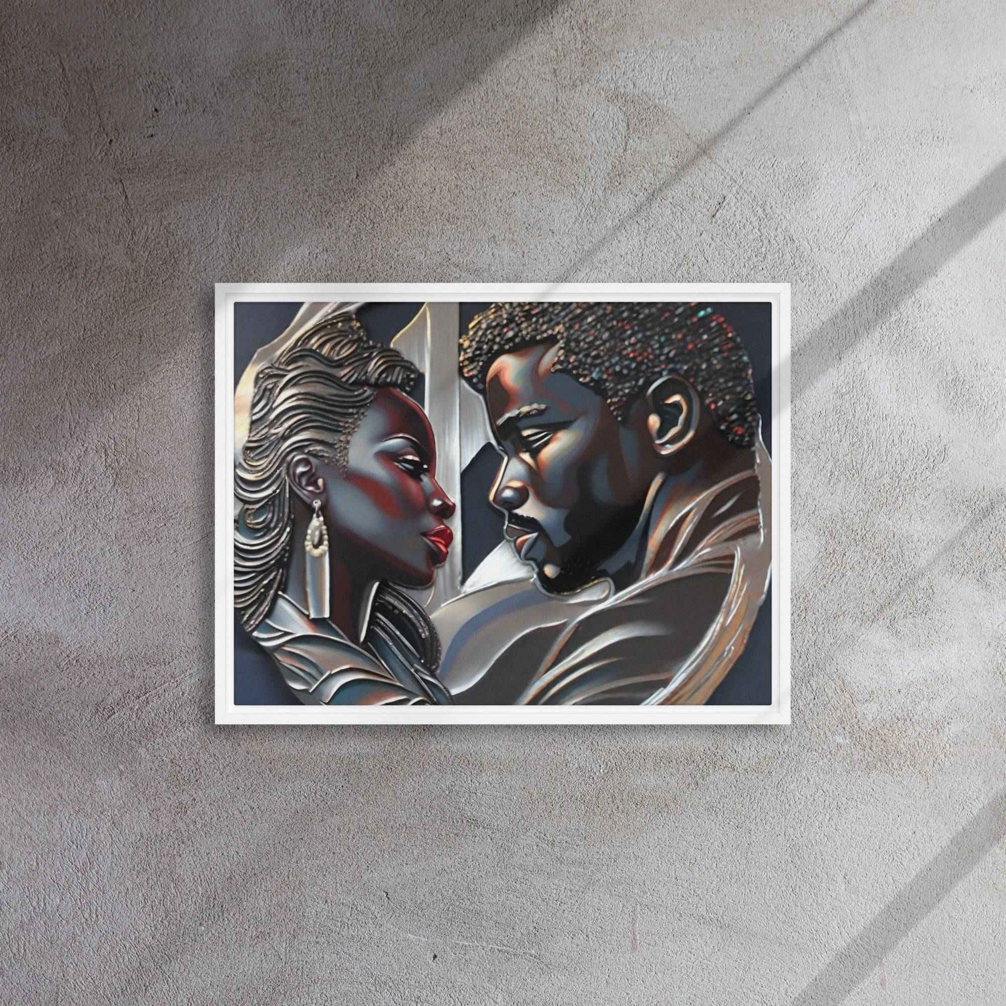 Framed canvas print of a couple in a pine floating frame with attached hanging hardware and corner pads — additional view 18