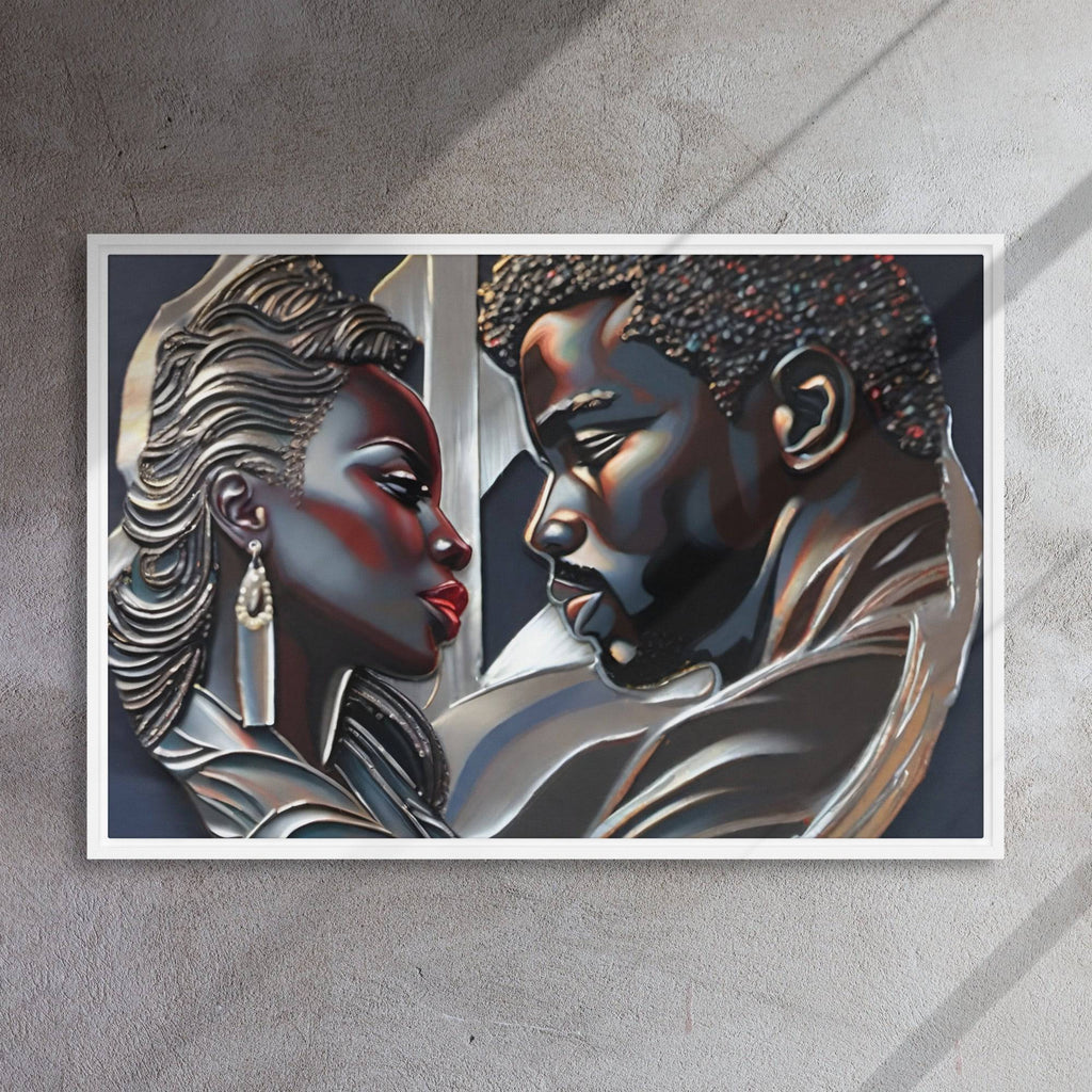 Rich and Rich Couple framed canvas wall art with pine tree frame hanging on white wall
