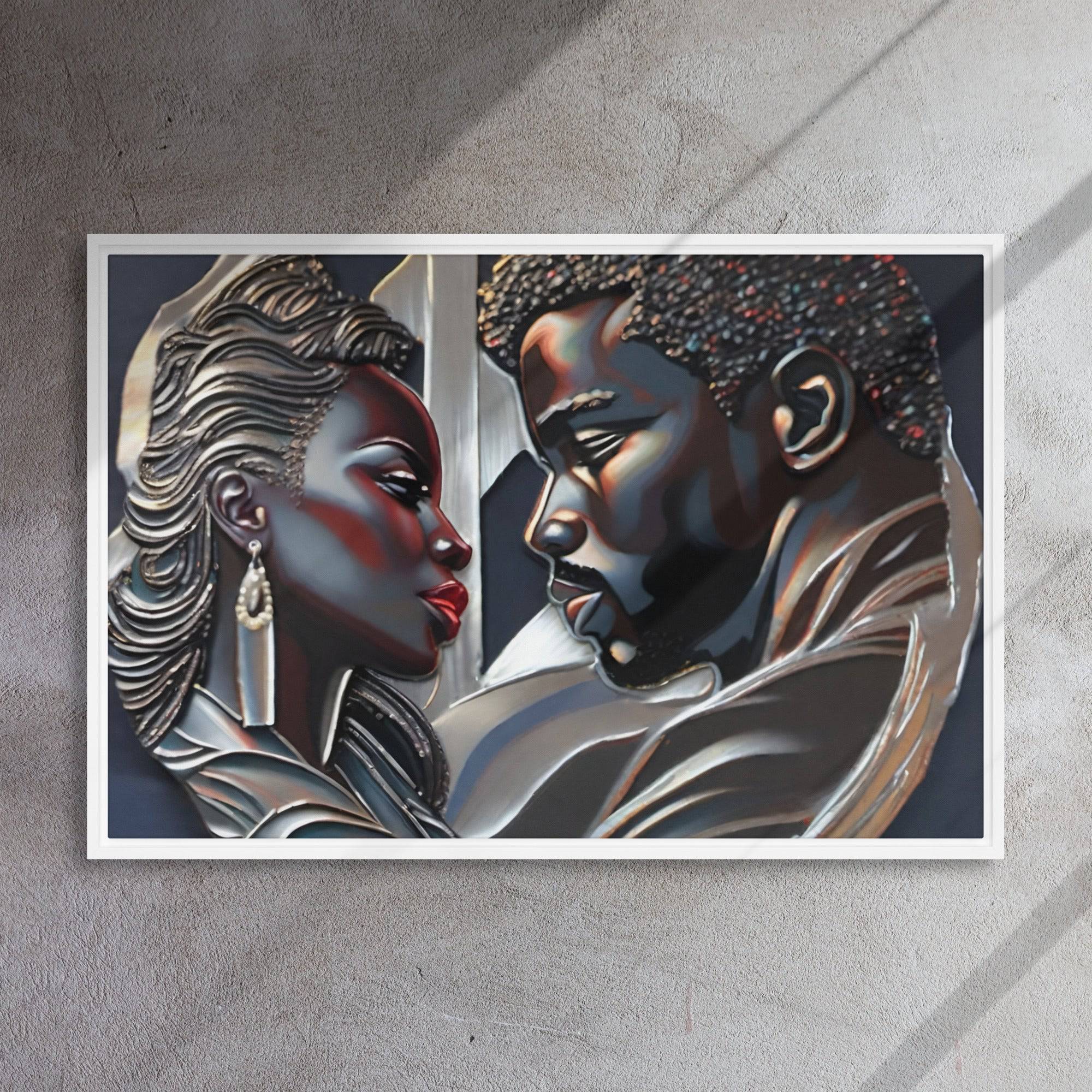 Rich and Rich Couple framed canvas wall art with pine tree frame hanging on white wall