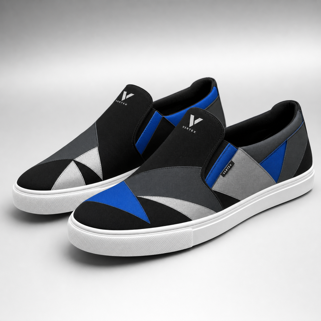 Vertex Cubist Panel Slip-On Shoe Slip-On Shoe in black with electric blue geometric Vertex menswear design