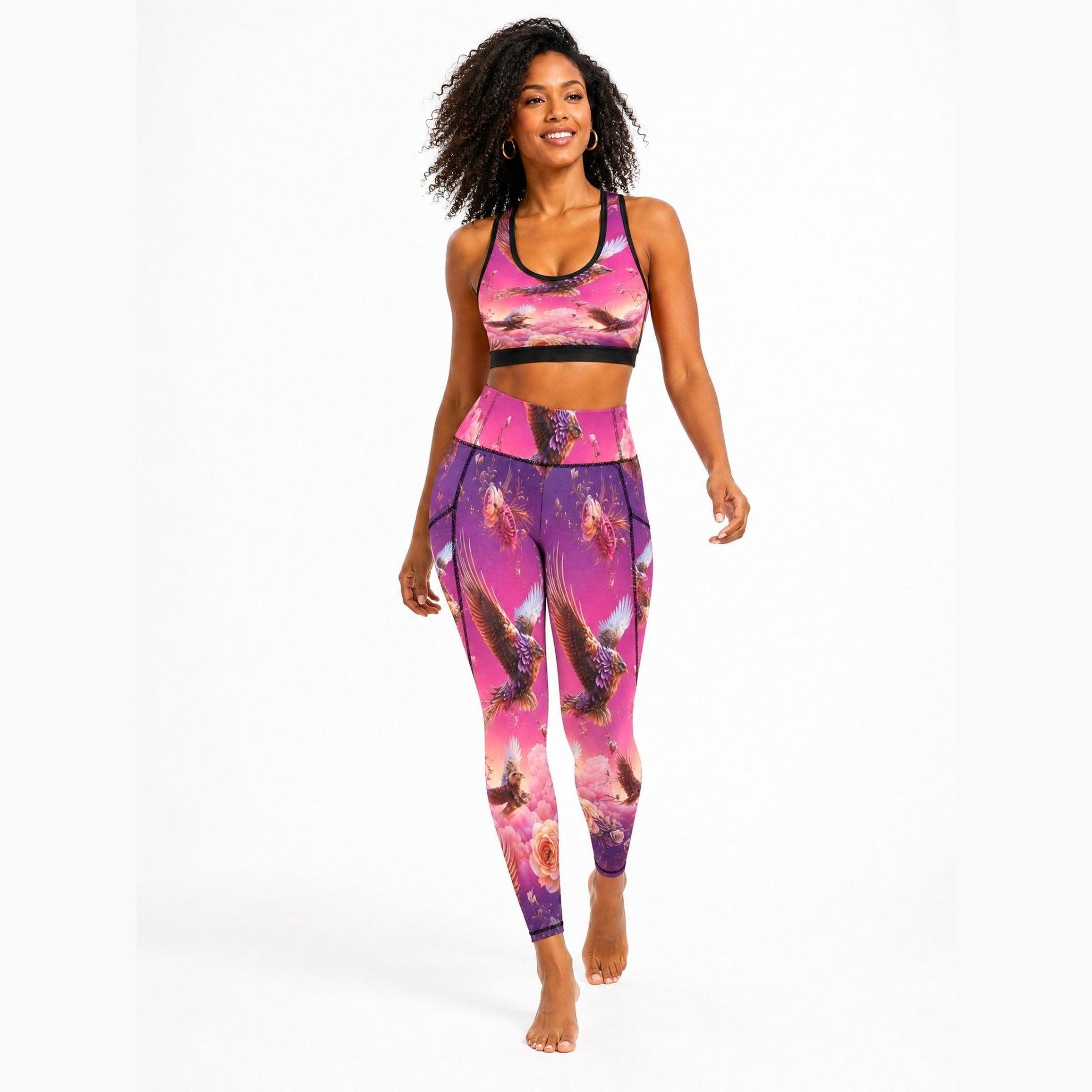 Pink nature-inspired women’s leggings with two side pockets and all-over botanical print — additional view 9
