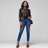 Red plaid rose women's bomber jacket with ribbed collar and zipper front — additional view 6