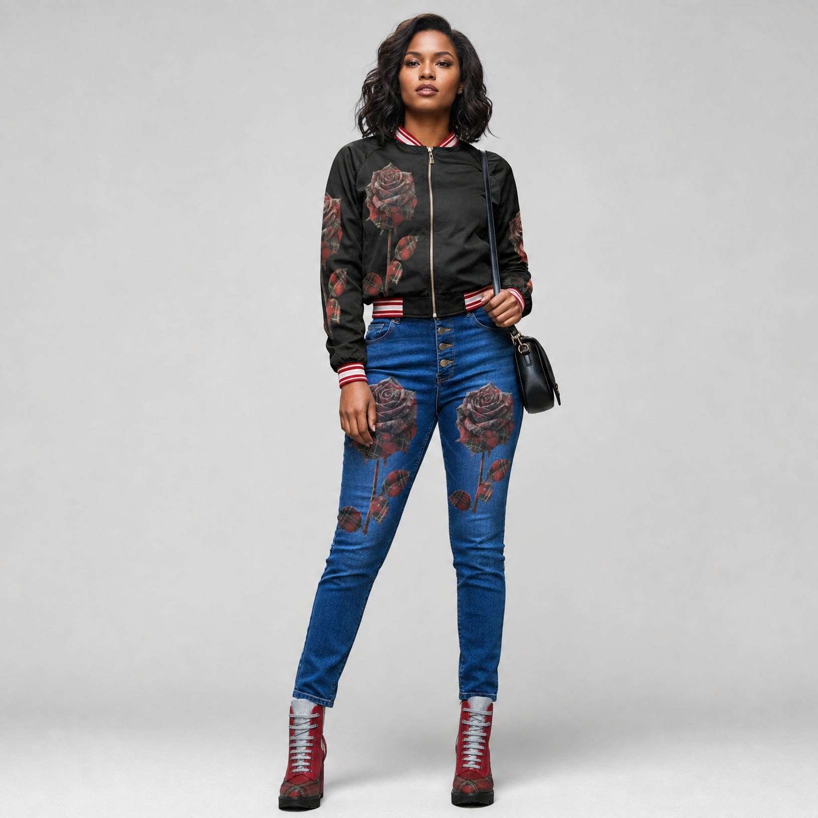 Red plaid rose women's bomber jacket with ribbed collar and zipper front — additional view 6