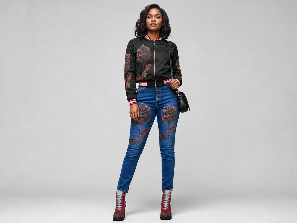 Rich and Rich Red Plaid Rose Women's Bomber Jacket - Rich and Rich Homeopportunities