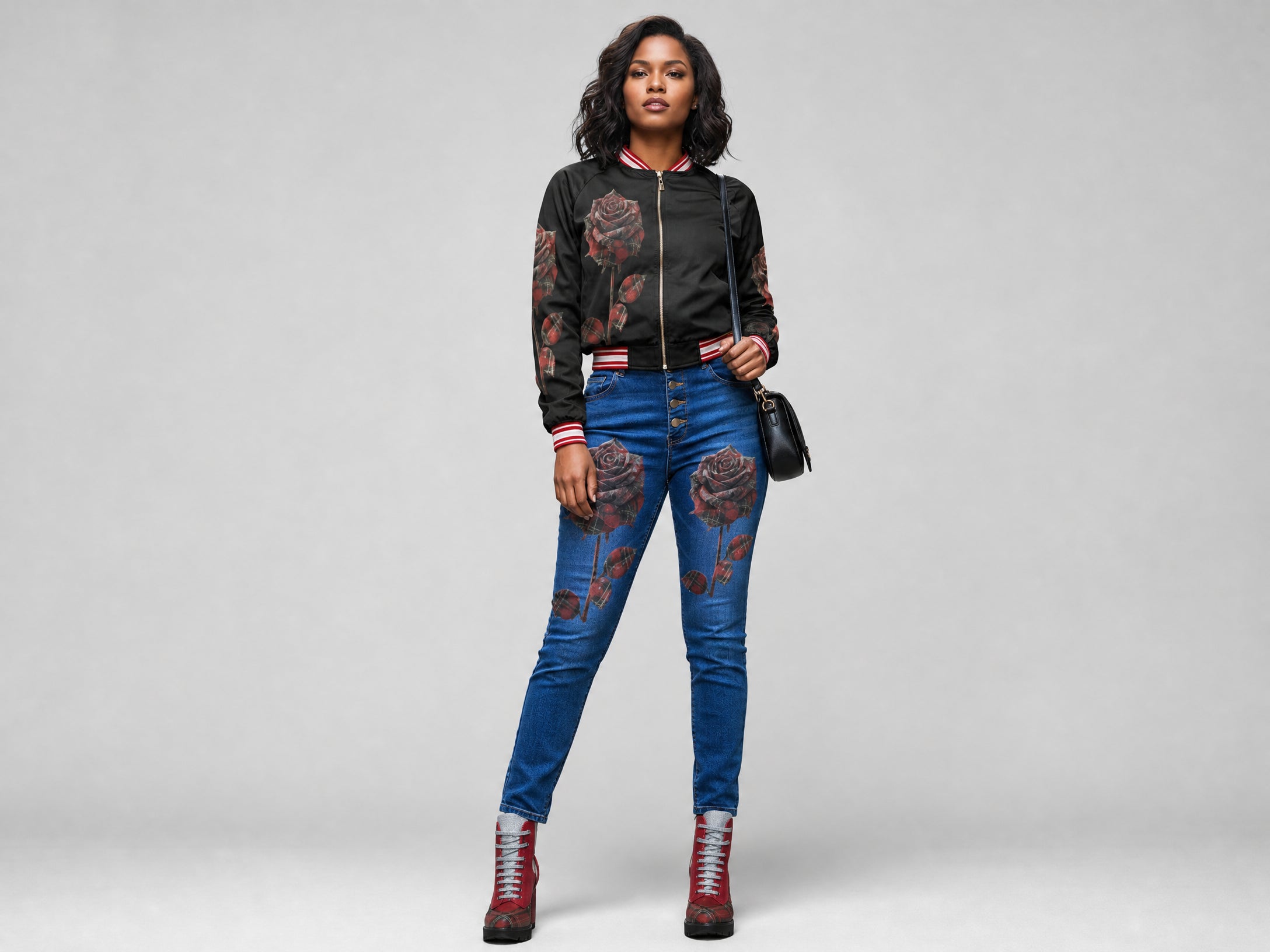 Rich and Rich Red Plaid Rose Women's Bomber Jacket