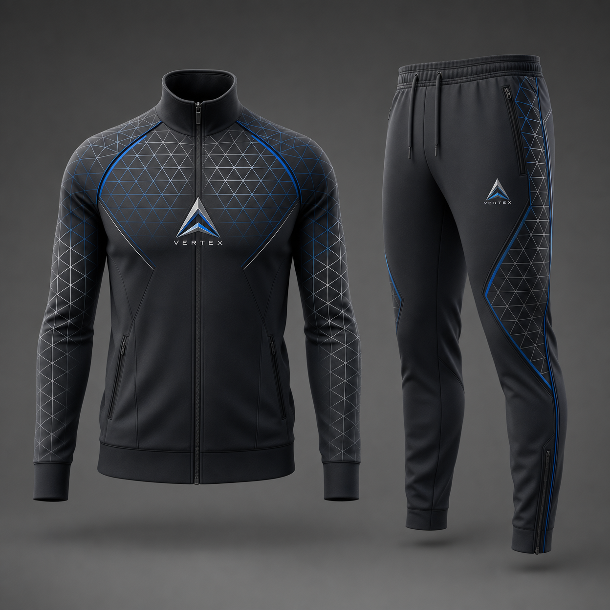 Vertex Apex Grid Tracksuit in black with electric blue geometric Vertex menswear design