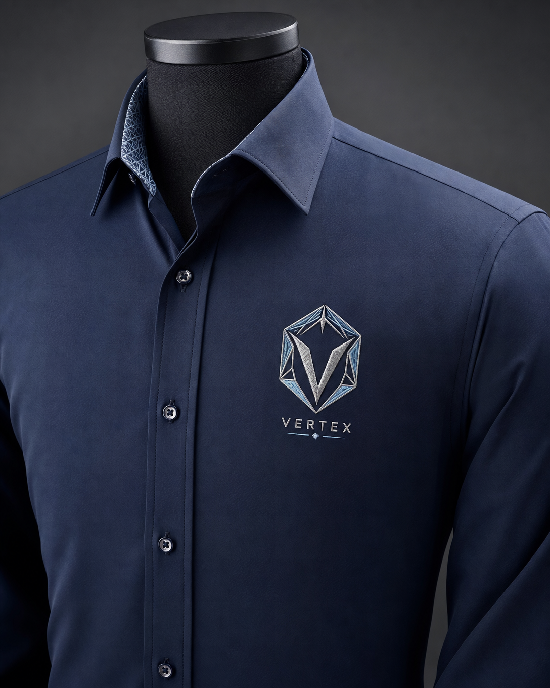 Vertex Polygon Crest Button-Up Shirt in deep navy with silver geometric Vertex menswear design