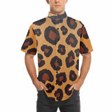 Men's short-sleeve shirt with gold leopard print and stand-up collar, shown with button front