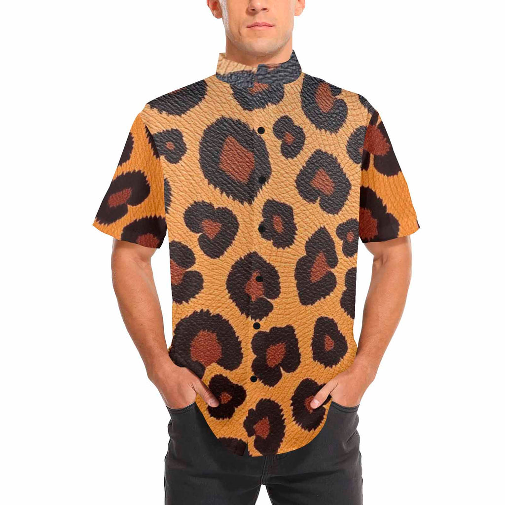 Men's Gold Leopard Stand-Up Collar Short Sleeve Shirt