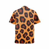 Men's short-sleeve shirt with gold leopard print and stand-up collar, shown with button front — side view