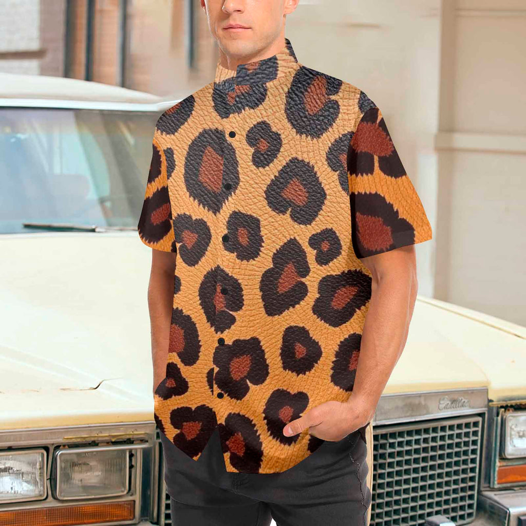 Men's Gold Leopard Stand-Up Collar Short Sleeve Shirt