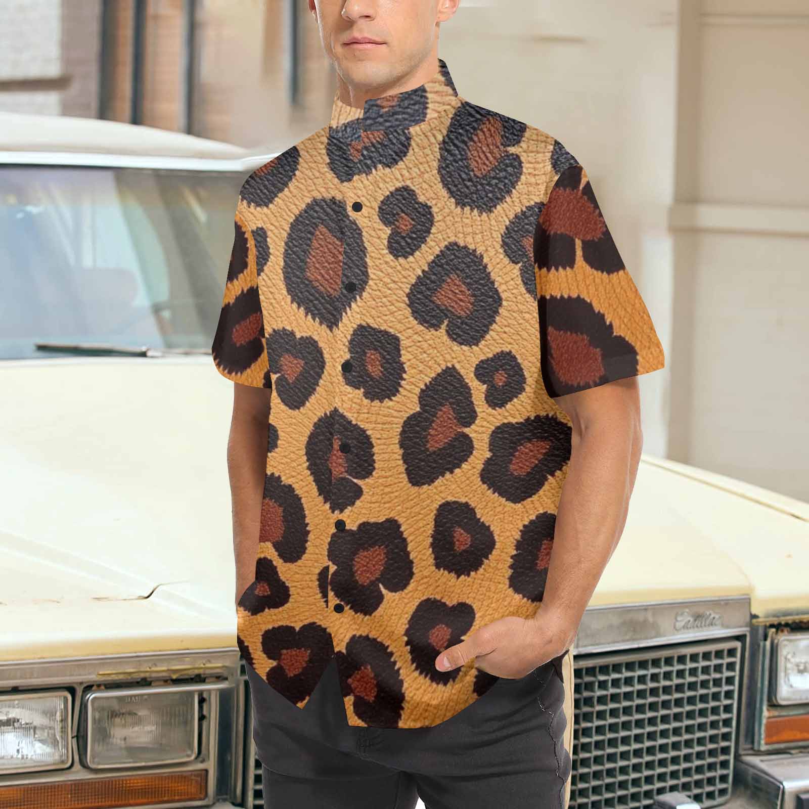 Men's Gold Leopard Stand-Up Collar Short Sleeve Shirt