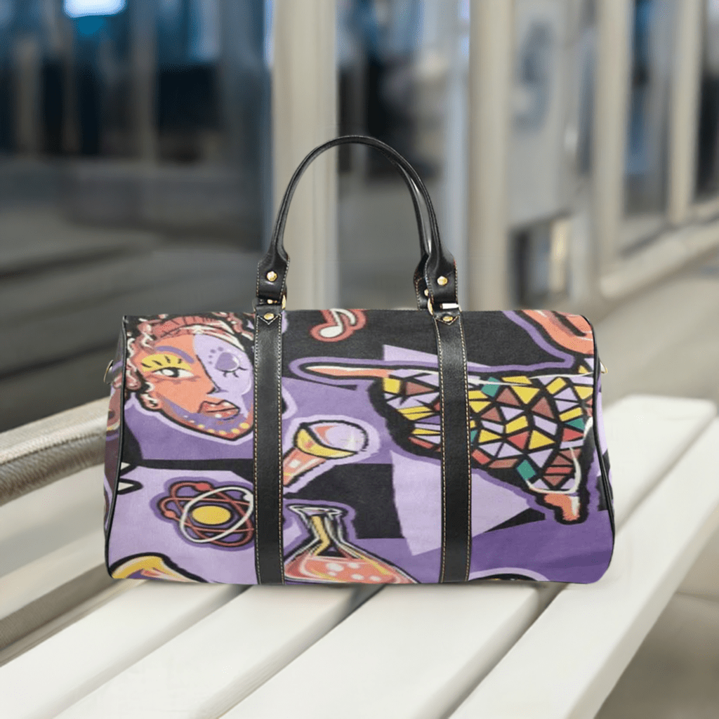 Purple abstract travel duffel bag in waterproof fabric with shoulder strap and luggage tag — additional view 6