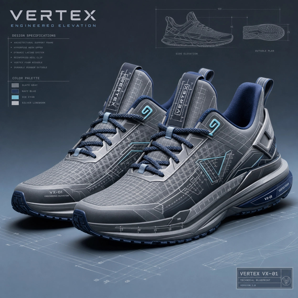 Vertex Blueprint Layer Sneaker in black with signal orange geometric Vertex menswear design