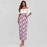 Women's off-shoulder fuchsia floral dress with ruffled boat neckline and lightweight fabric — additional view 6