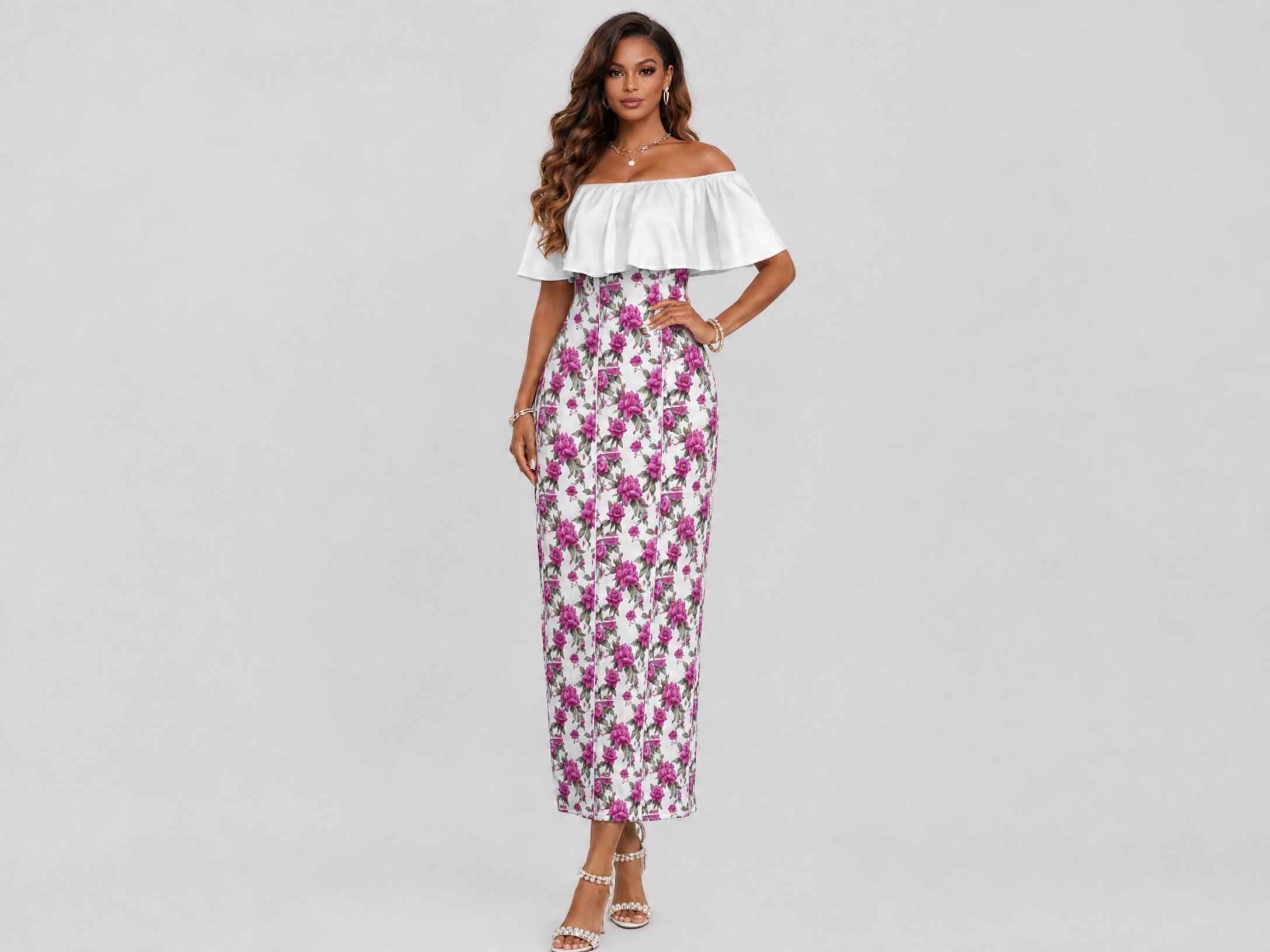 Women's off-shoulder fuchsia floral dress with ruffled boat neckline and lightweight fabric — additional view 6