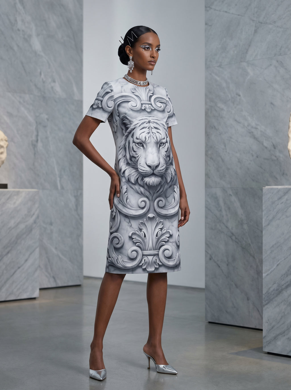 Ethiopian model in marble gallery wearing Silver Baroque Tiger All-Over Print Shift Dress