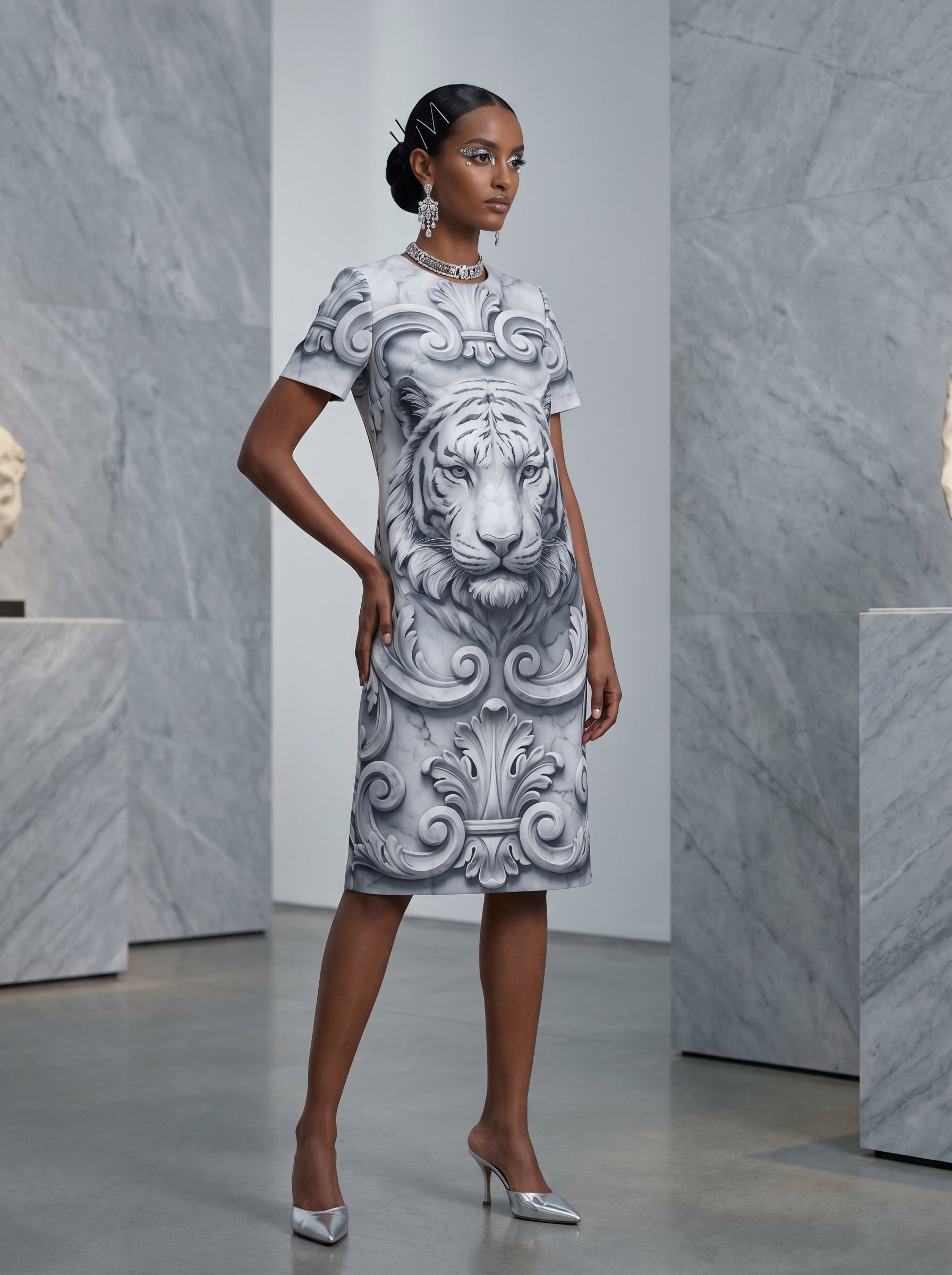 Ethiopian model in marble gallery wearing Silver Baroque Tiger All-Over Print Shift Dress