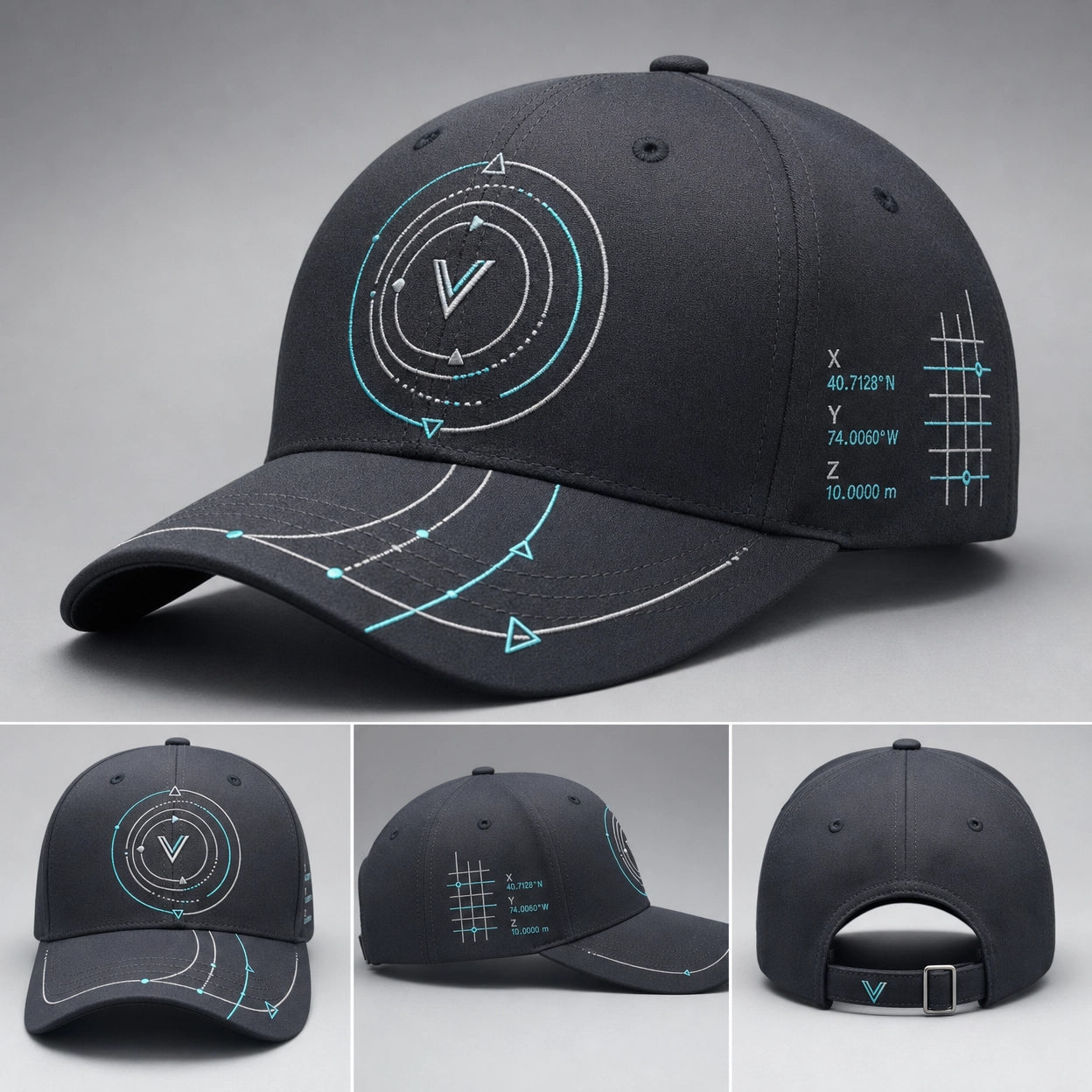 Vertex Vector Orbit Baseball Baseball Cap in charcoal with electric blue geometric Vertex menswear design