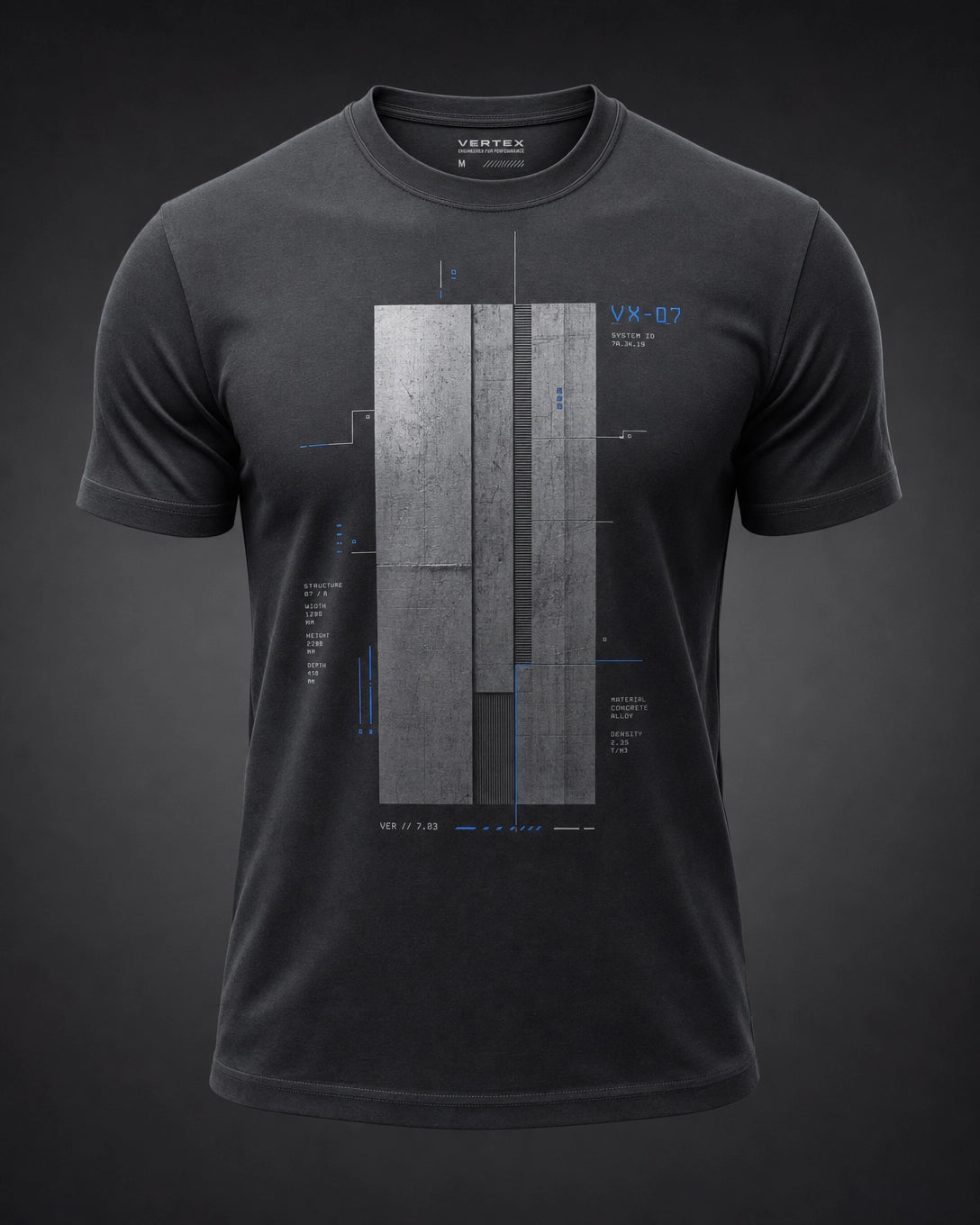 Vertex Monolith Code T-Shirt in charcoal with electric blue geometric Vertex menswear design