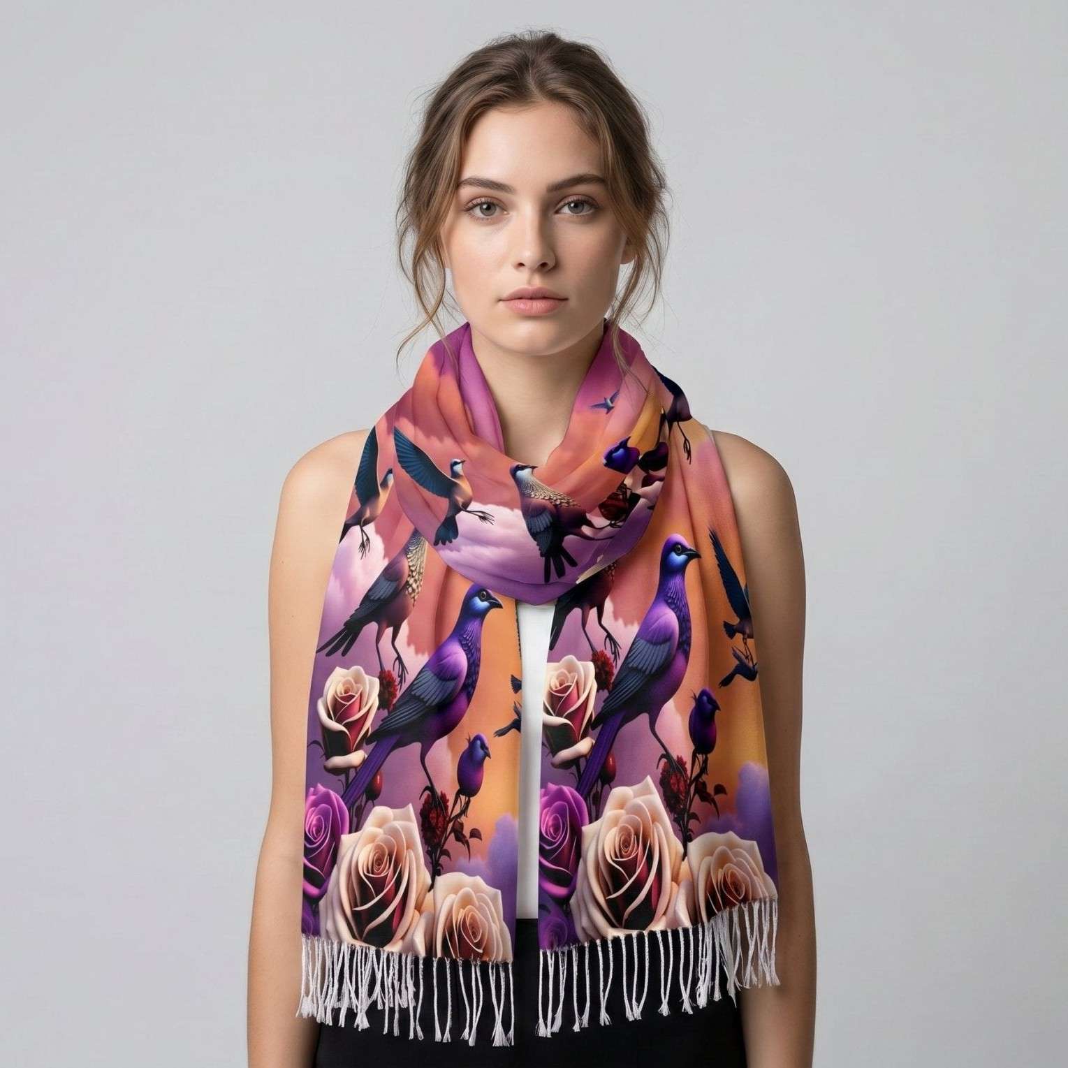 Purple imitation cashmere scarf with bird tassel accents and fine hemming — additional view 10