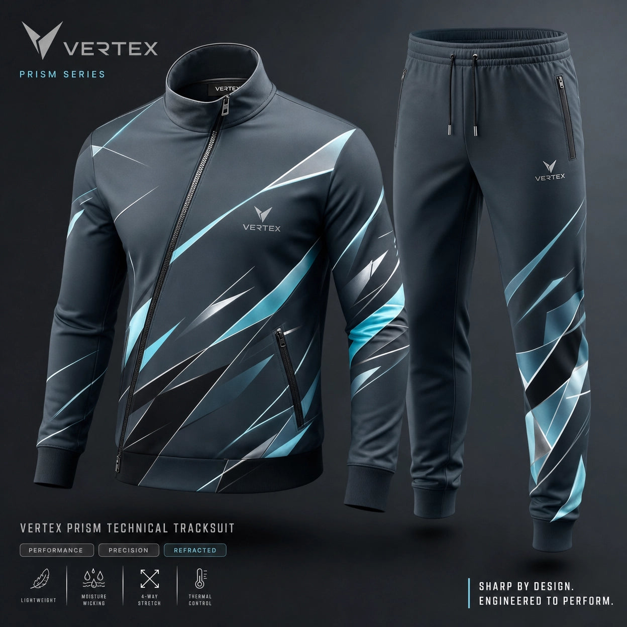 Vertex Prism Signal Tracksuit in deep navy with ice cyan geometric Vertex menswear design