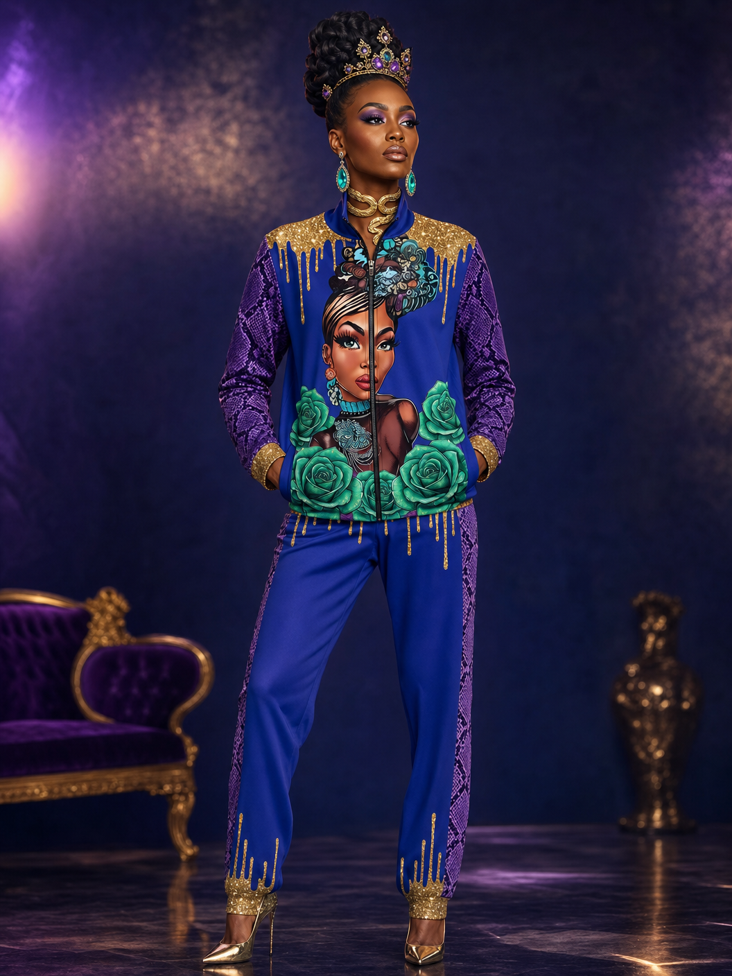 Model wearing Queen Snakeskin Track Suit