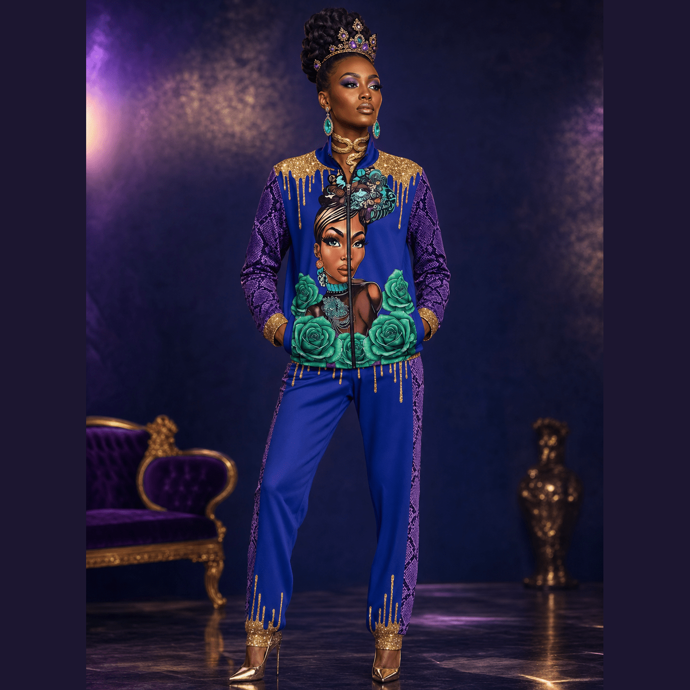 Queen Snakeskin Track Suit with gold glitter drip cuffs and fashion illustration jacket