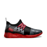 Red and grey sock runner with leather panels, elastic front, pull tab and carved rubber sole — additional view 10