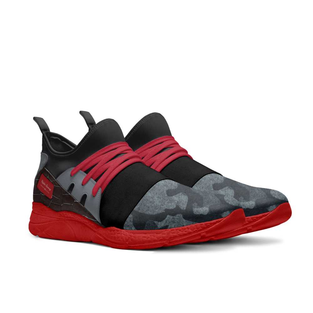 Red and grey sock runner with leather panels, elastic front, pull tab and carved rubber sole — alternate view