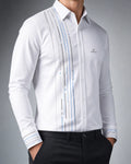 Vertex Algorithm Stripe Button-Up Shirt in white with graphite geometric Vertex menswear design