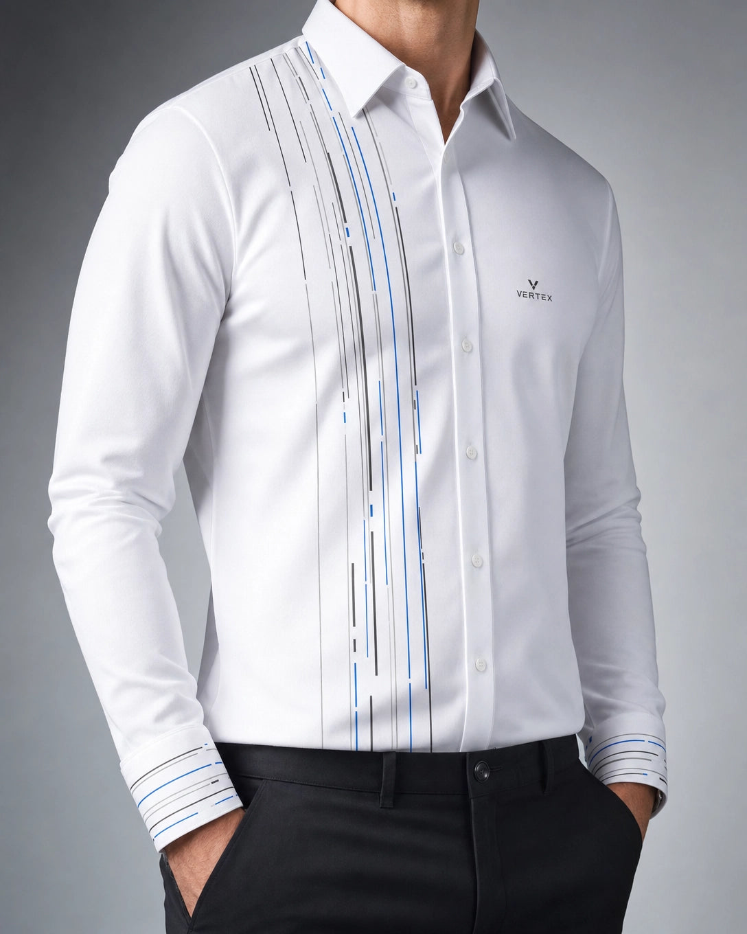 Vertex Algorithm Stripe Button-Up Shirt in white with graphite geometric Vertex menswear design