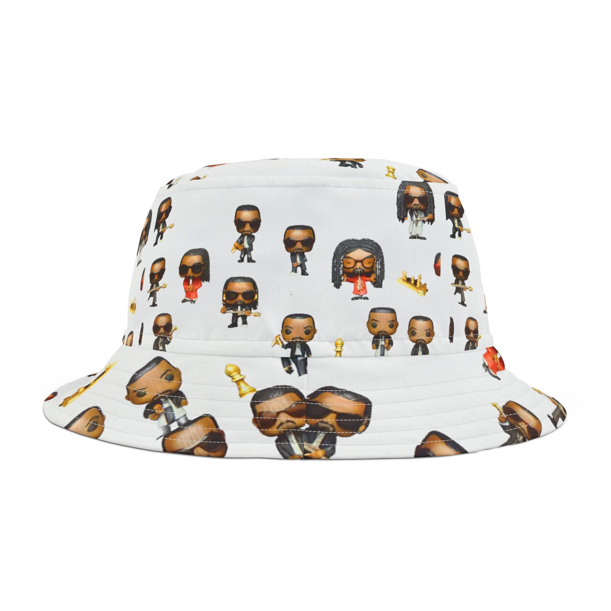 White unisex bucket hat with caricature toons print, medium brim and classic rounded crown — alternate view