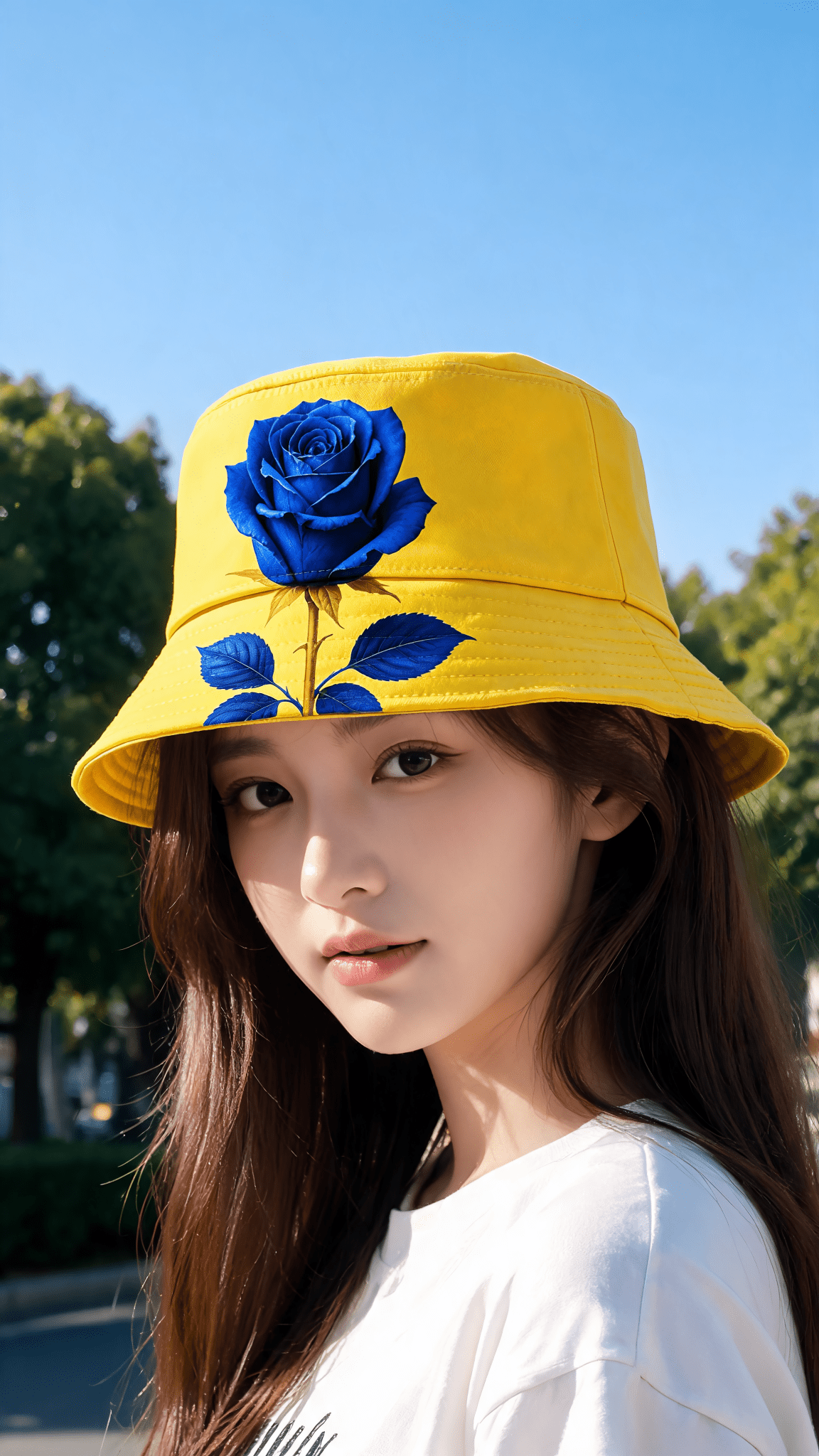 Reversible bucket hat with yellow and blue rose print, woven material and matte finish in multiple sizes — side view