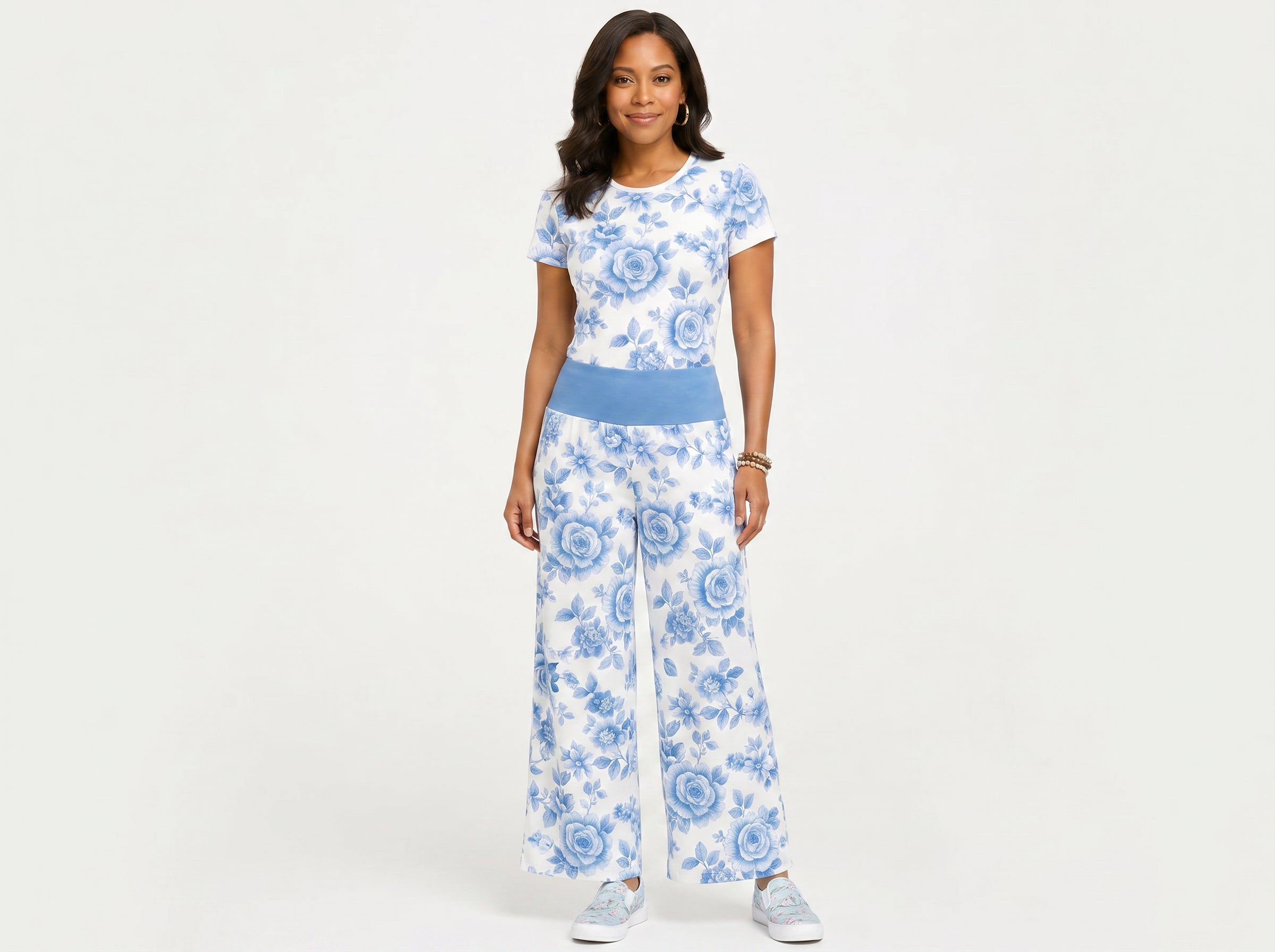 Rich and Rich Blue Pastel Floral Golfing Women’s Pants Set | All-Over Print T-Shirt & Wide Leg Pants Outfit