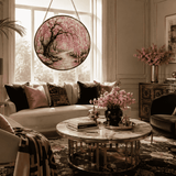 Glass suncatcher with Japanese blossom tree print hanging from a metal chain