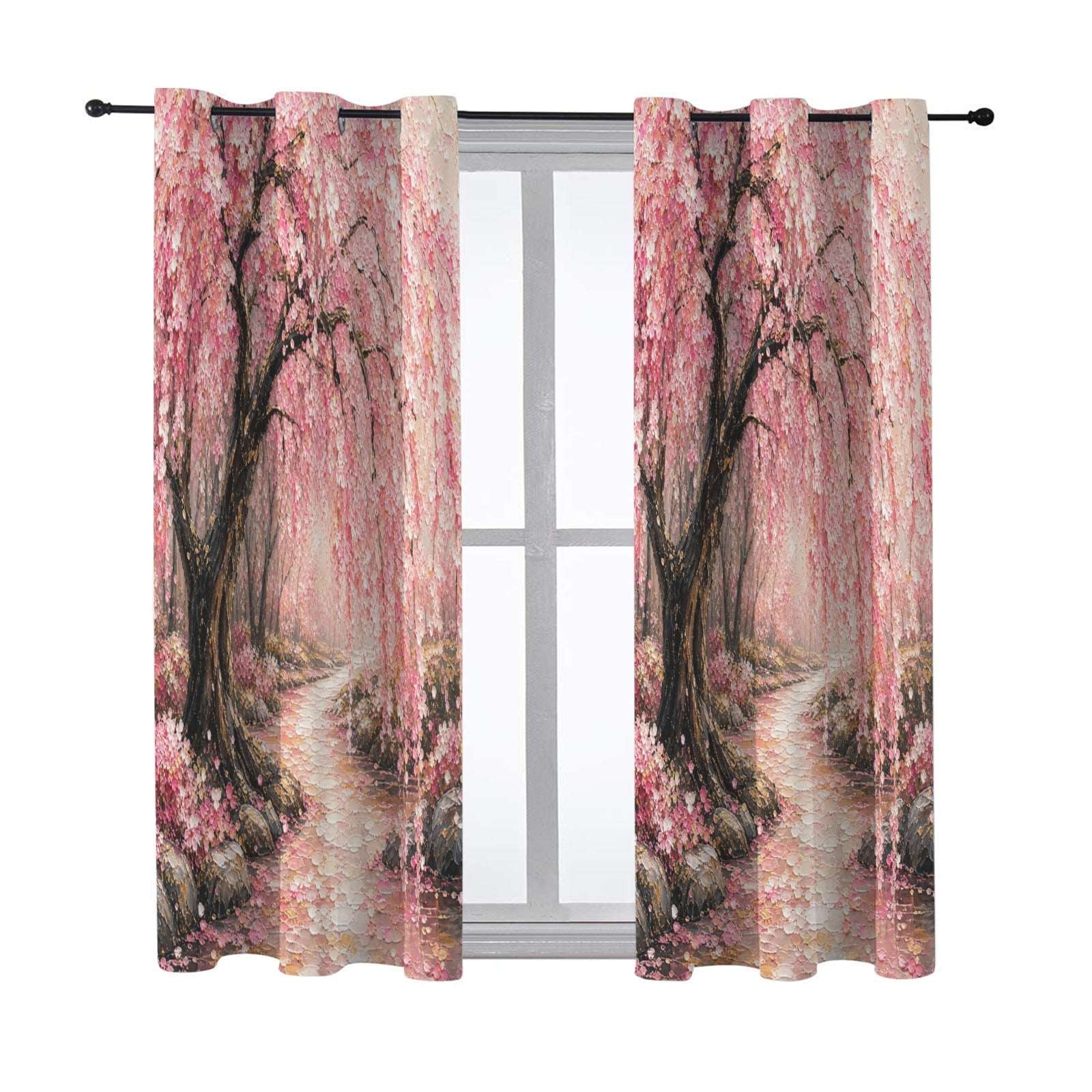 Pair of 43×63 blackout grommet curtains with Japanese cherry blossom print and metal grommets — side view
