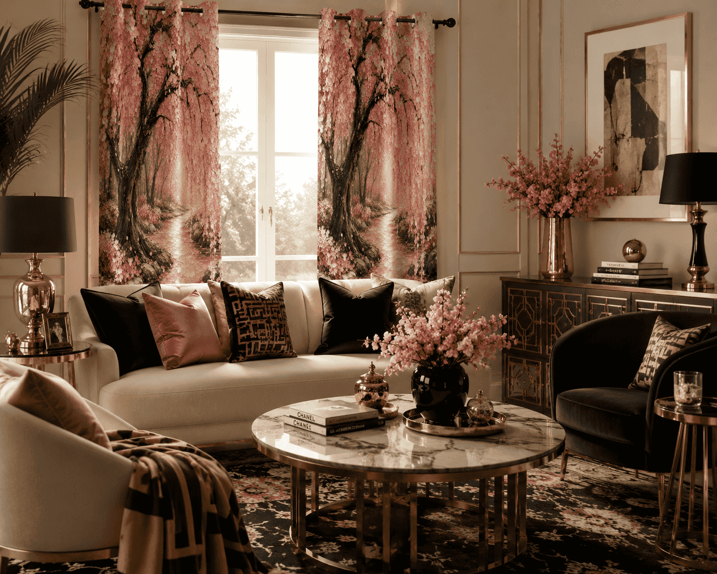 Pair of 43×63 blackout grommet curtains with Japanese cherry blossom print and metal grommets