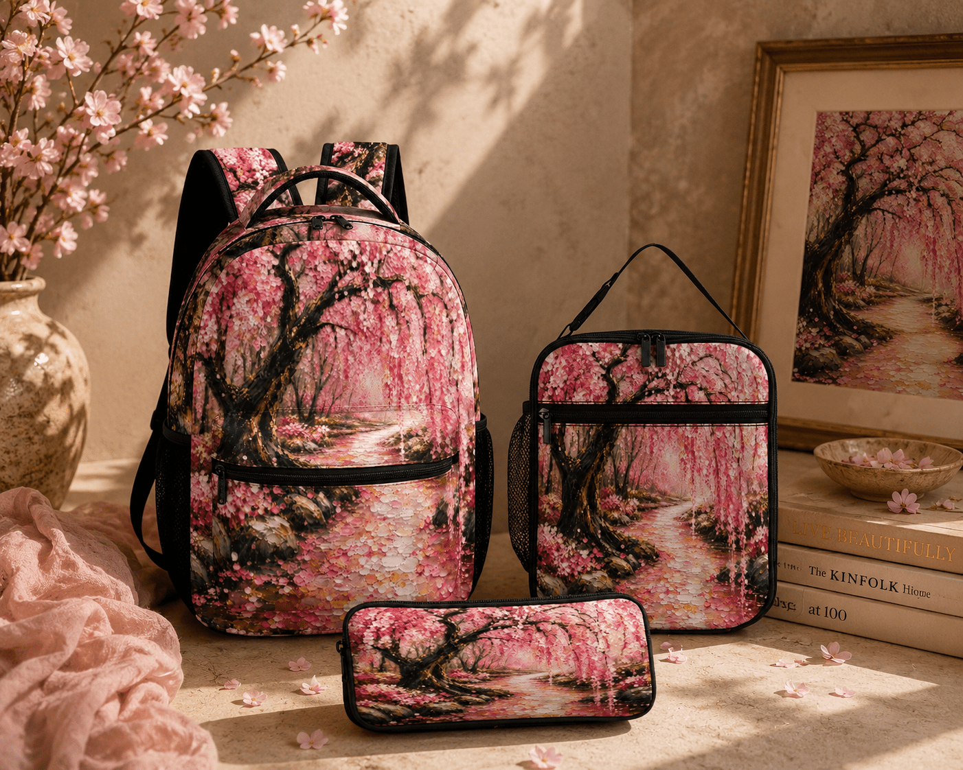 Three-piece Japanese cherry blossom backpack set with schoolbag, lunch bag, and pen case in matching print