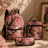 Three-piece Japanese cherry blossom backpack set with schoolbag, lunch bag, and pen case in matching print