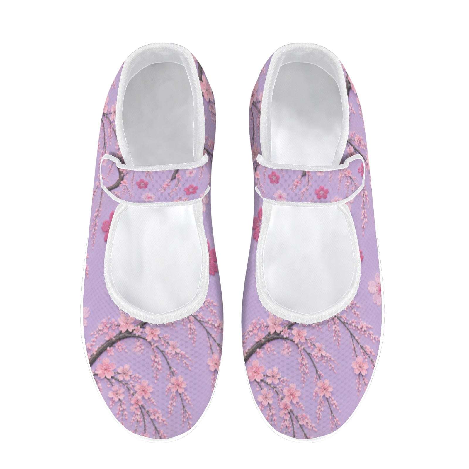 Pink Mary Jane shoe with Japanese cherry blossom print, mesh upper and Velcro strap on a white sole — rear view