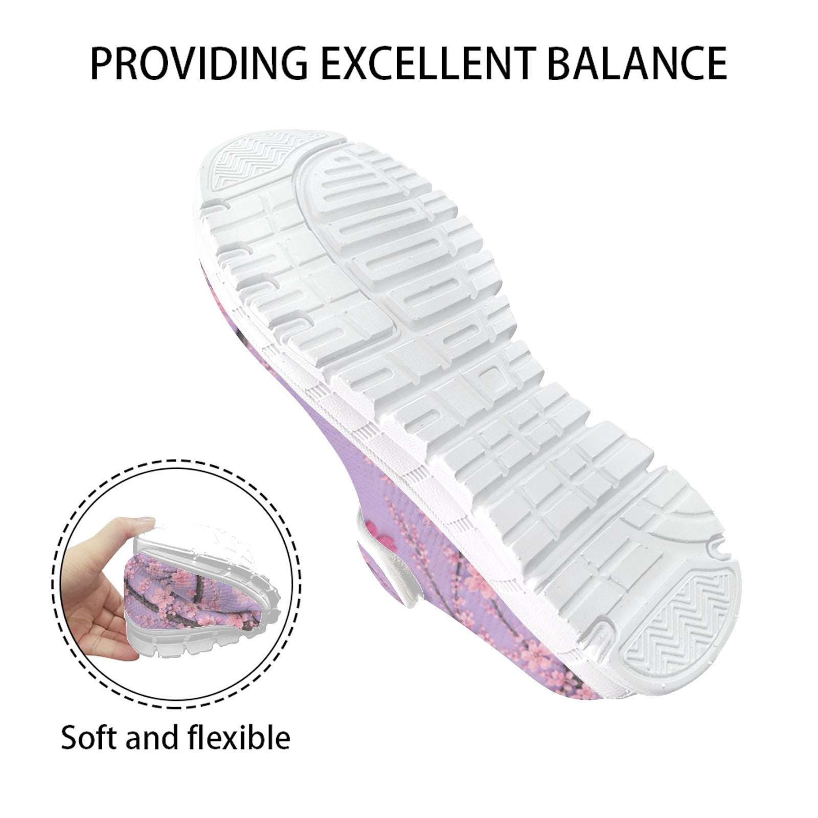 Pink Mary Jane shoe with Japanese cherry blossom print, mesh upper and Velcro strap on a white sole — product detail