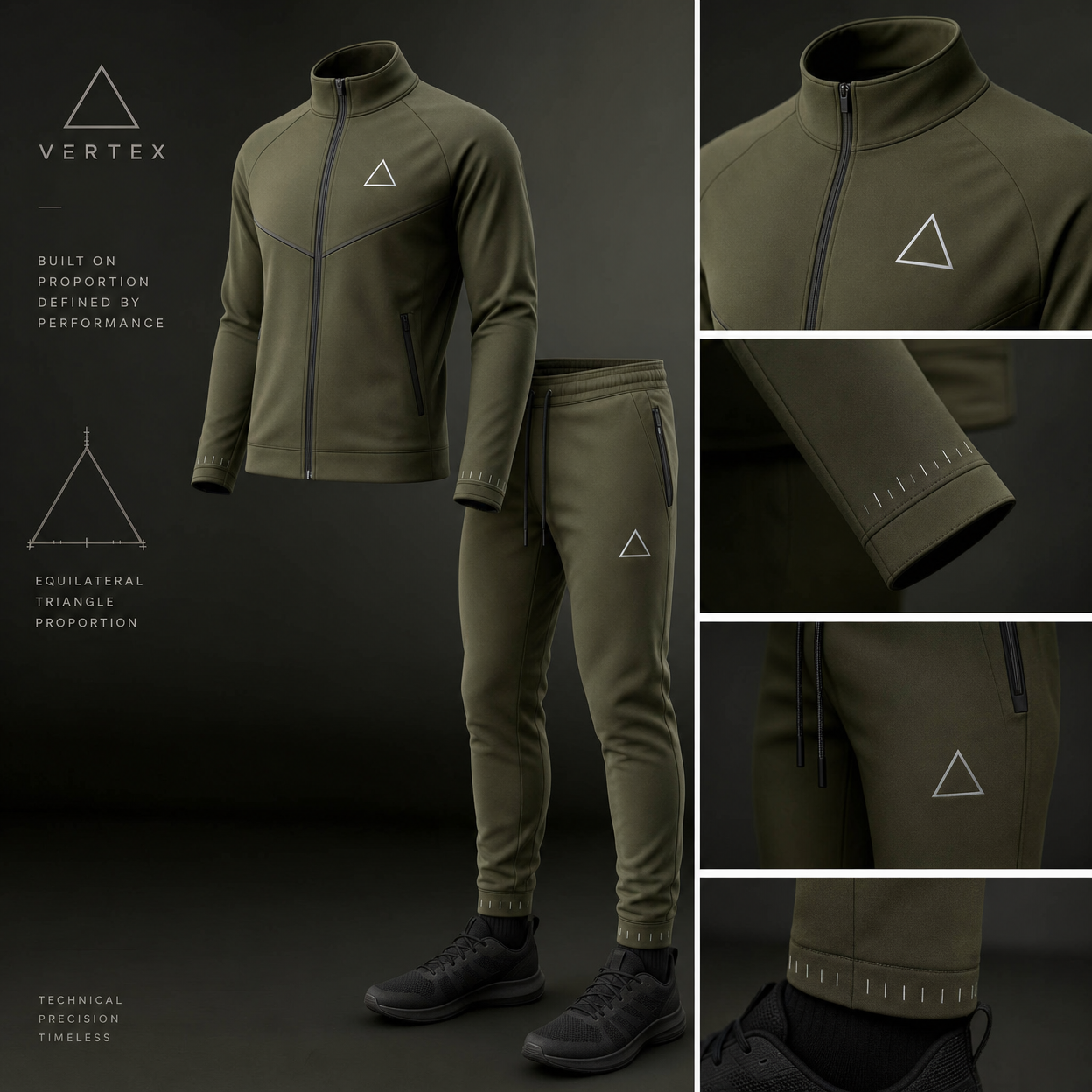 Vertex Equilateral Mark Tracksuit in olive with black geometric Vertex menswear design