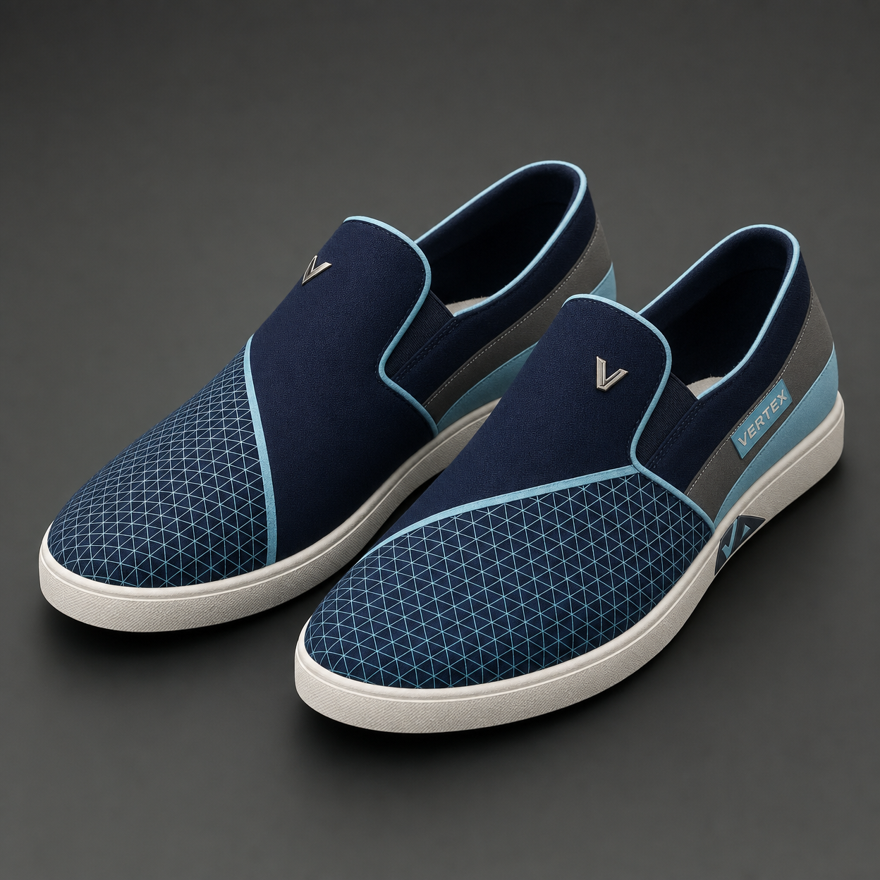 Vertex Axis Split Slip-On Shoe Slip-On Shoe in navy with ice cyan geometric Vertex menswear design