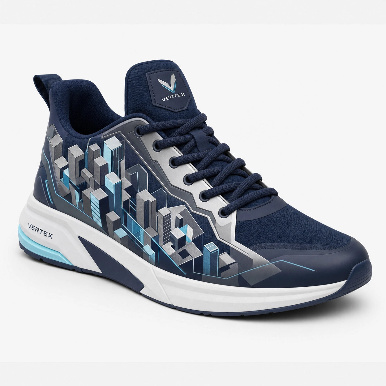 Vertex Isometric City Sneaker in navy with silver geometric Vertex menswear design