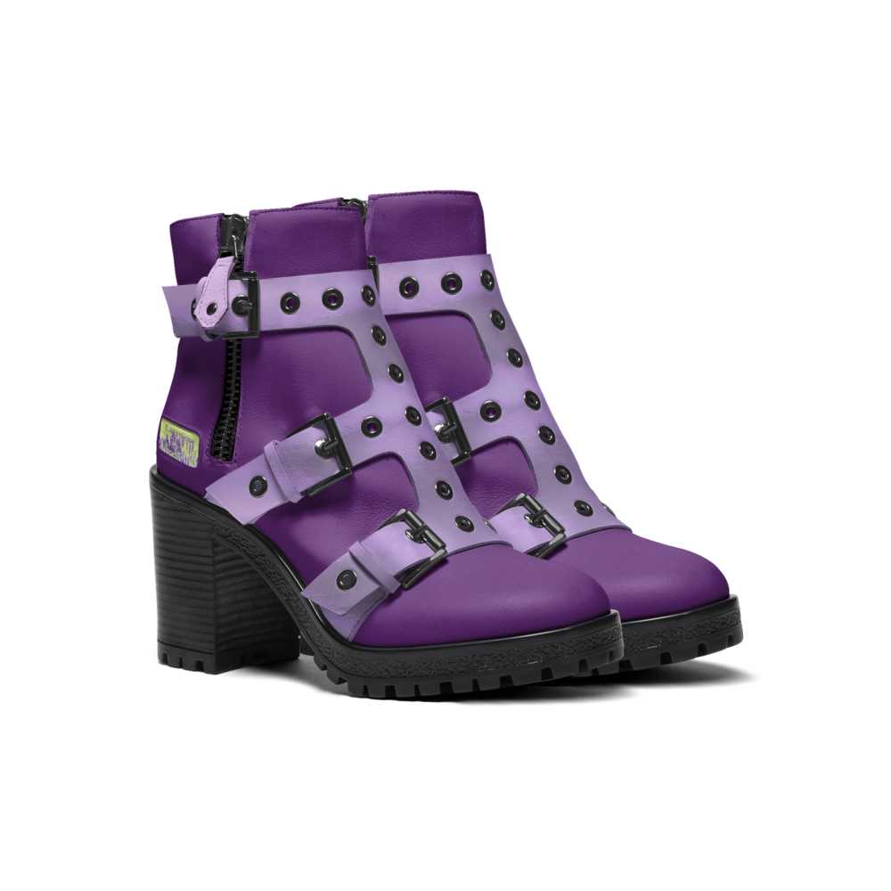 Rich and Rich Lavenique Lavendar Purple Zippered Women's Chunky Boot Heel With Monk Strap Design and Triple Straps