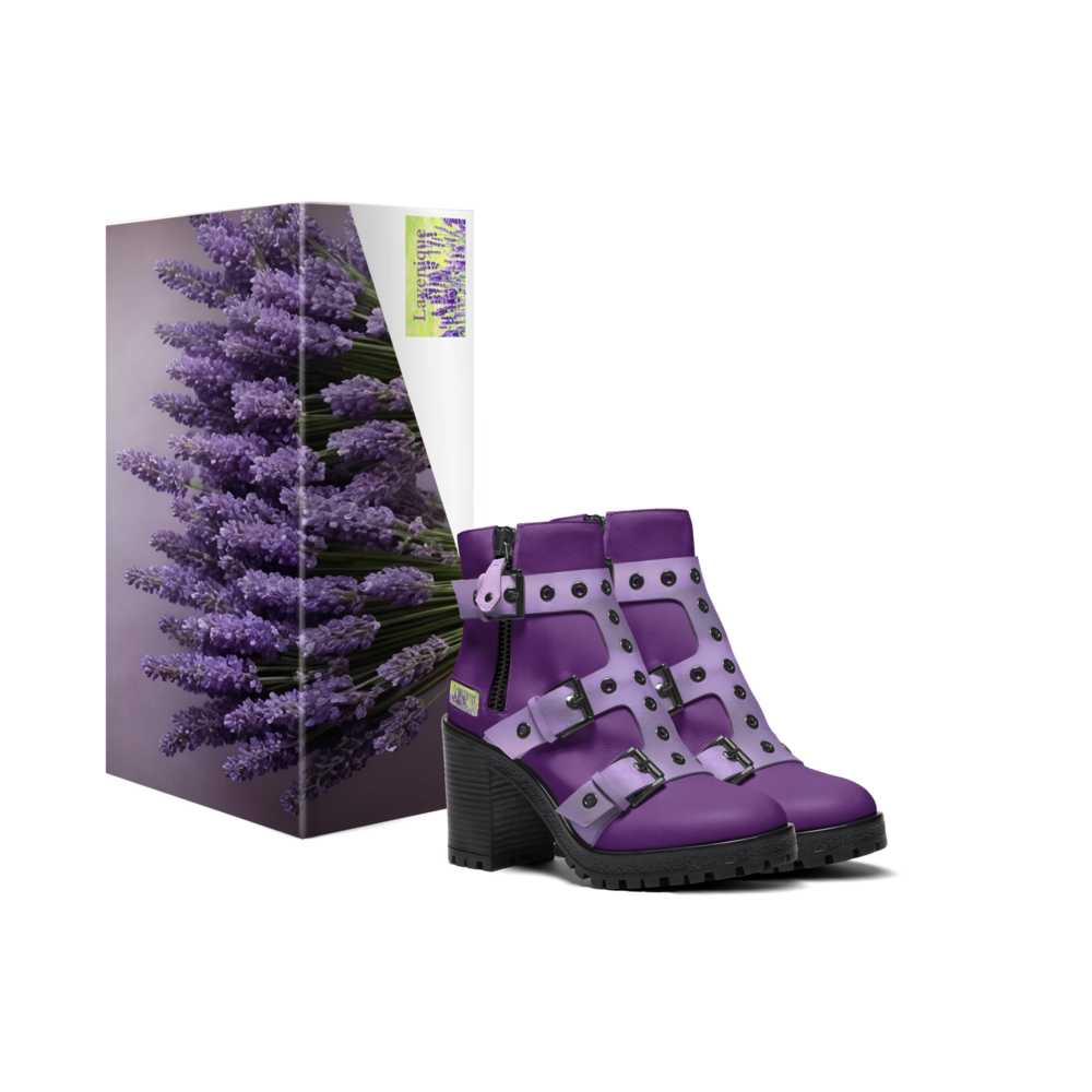 Purple zippered chunky boot with monk-style triple straps across the upper