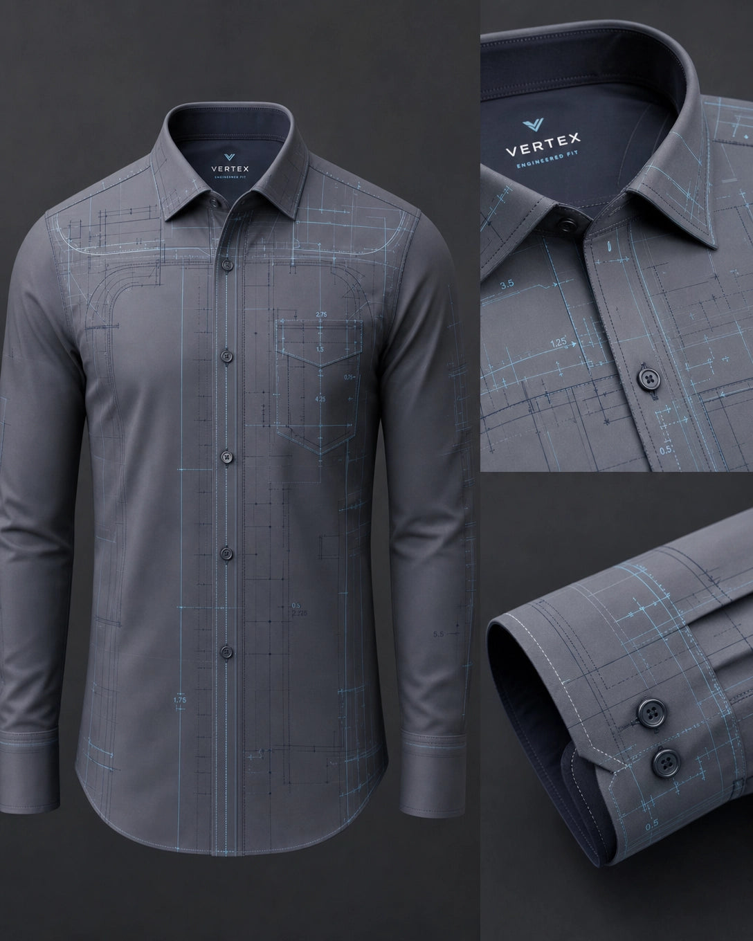 Vertex Blueprint Layer Button-Up Shirt in slate gray with navy geometric Vertex menswear design